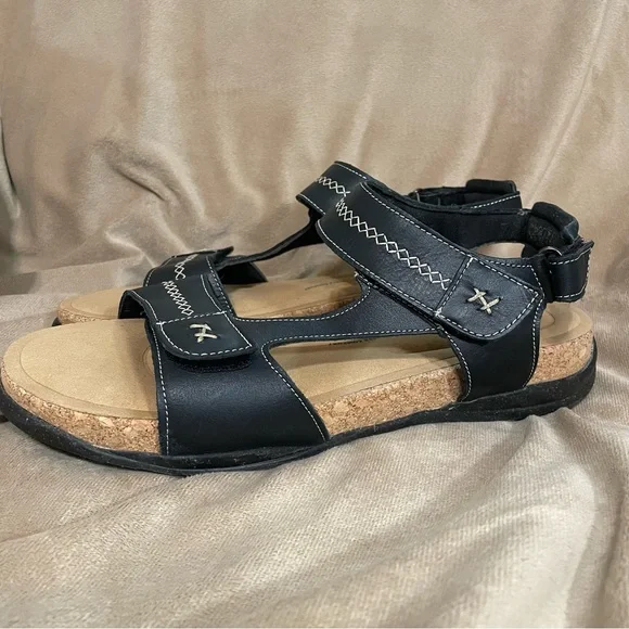 Clarks Black Leather Cork Footbed Sandals. - Picture 3 of 10